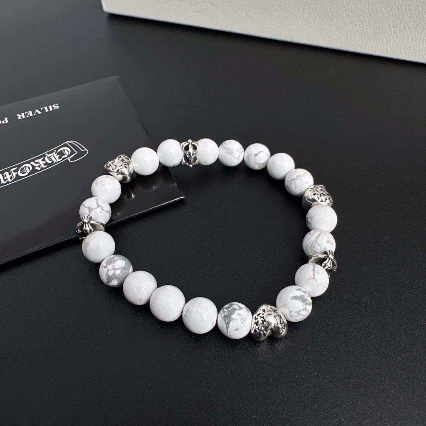 Chrome Hearts White Marble Bead Bracelet with Silver Accents